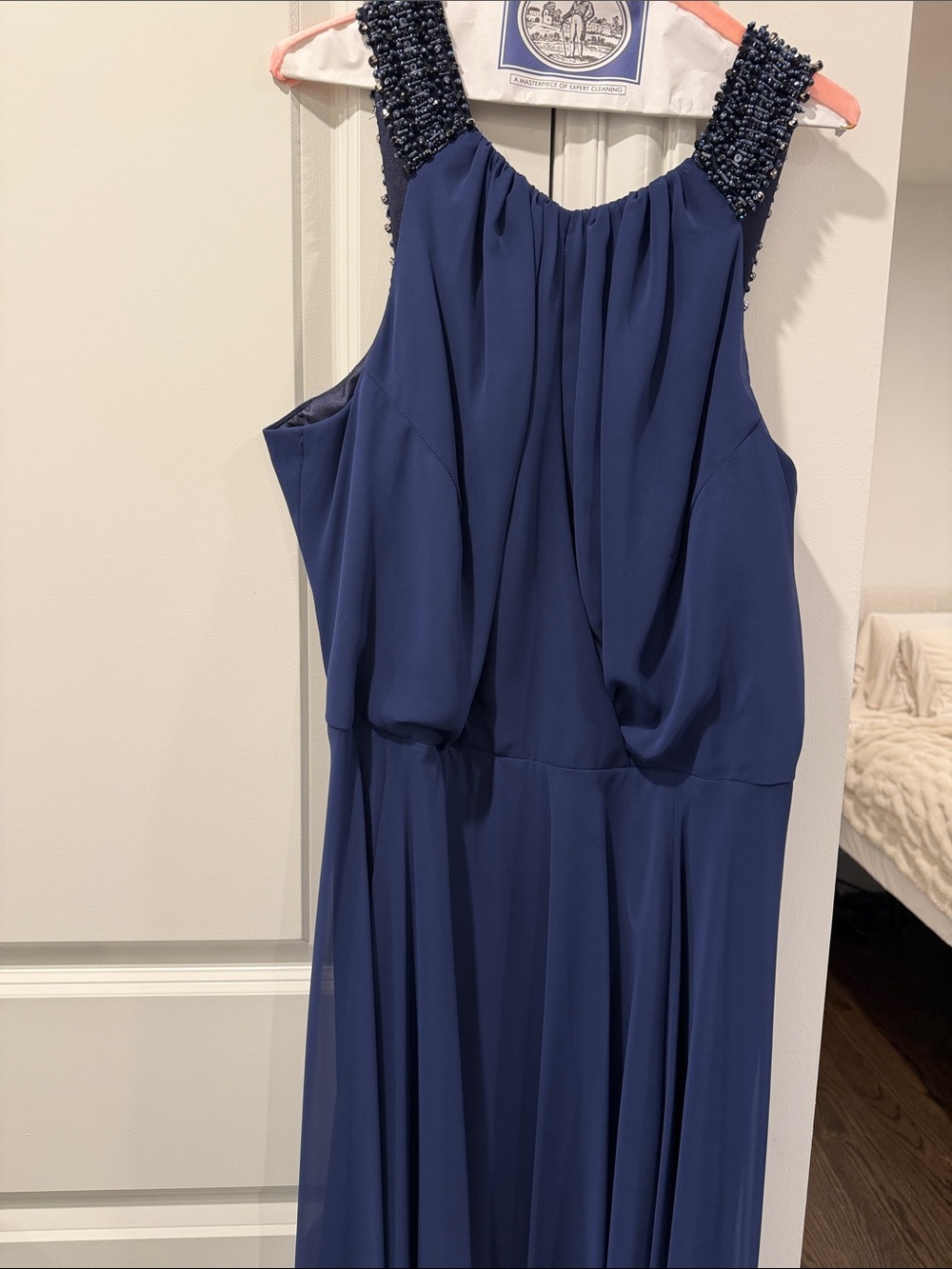 Beaded Strap Navy Evening Gown